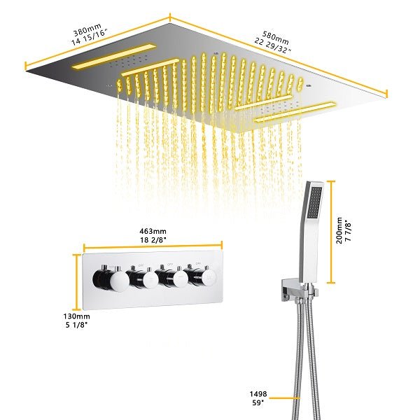 Cascada Luxury 23βx15β Music LED shower system with built-in Bluetooth Speakers,5 function (Rainfall,Waterfall,Misty,body jets & HandShower) & Remote Control 64 Color Lights cascada system LED bluetooth shower head speaker hot cold music rain rainfall musical light showerhead body spray jet waterfall misty ceiling mounted handheld high pressure thermostatic mixer holder black matte chrome oil rubbed bronze remote control