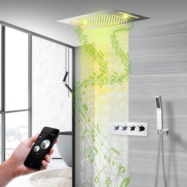 Cascada Luxury 23βx15β Music LED shower system with built-in Bluetooth Speakers,5 function (Rainfall,Waterfall,Misty,body jets & HandShower) & Remote Control 64 Color Lights cascada system LED bluetooth shower head speaker hot cold music rain rainfall musical light showerhead body spray jet waterfall misty ceiling mounted handheld high pressure thermostatic mixer holder black matte chrome oil rubbed bronze remote control