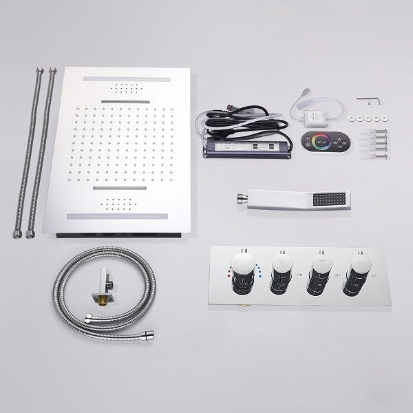 Cascada Luxury 23βx15β Music LED shower system with built-in Bluetooth Speakers,5 function (Rainfall,Waterfall,Misty,body jets & HandShower) & Remote Control 64 Color Lights cascada system LED bluetooth shower head speaker hot cold music rain rainfall musical light showerhead body spray jet waterfall misty ceiling mounted handheld high pressure thermostatic mixer holder black matte chrome oil rubbed bronze remote control