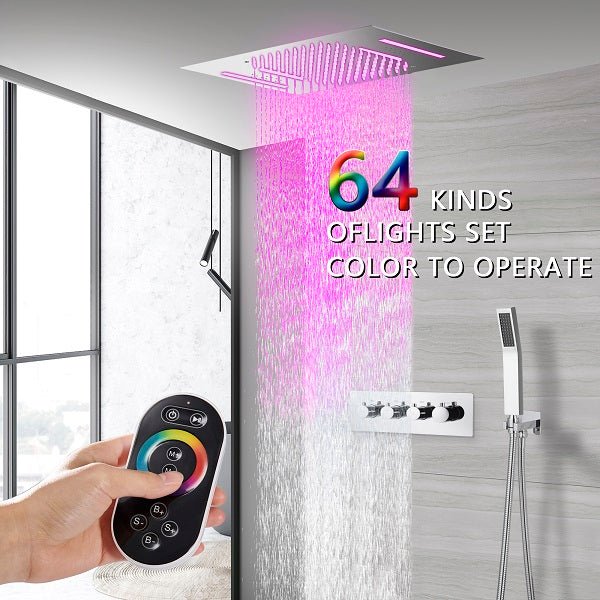 Cascada Luxury 23βx15β Music LED shower system with built-in Bluetooth Speakers,5 function (Rainfall,Waterfall,Misty,body jets & HandShower) & Remote Control 64 Color Lights cascada system LED bluetooth shower head speaker hot cold music rain rainfall musical light showerhead body spray jet waterfall misty ceiling mounted handheld high pressure thermostatic mixer holder black matte chrome oil rubbed bronze remote control
