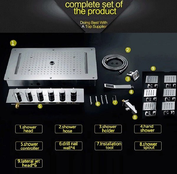 Cascada Luxurious Recessed 15" x 28" Large LED Shower System with 6 knob Thermostatic Valve, 5 Mode Functions (Rainfall, Waterfall, SPA Mist, Column & Handheld Shower) shower head with handheld rain LED 6 valve handle showerheads high pressure hand held system holder waterfall Rainfall SPA mist black matt fixture gold kit chrome oil rubbed bronze mixer modern ceiling mount 3 way thermostatic rectangle shower system