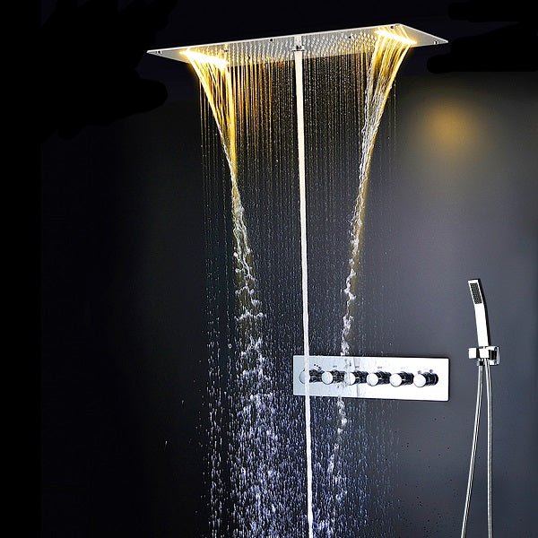 Cascada Luxurious Recessed 15" x 28" Large LED Shower System with 6 knob Thermostatic Valve, 5 Mode Functions (Rainfall, Waterfall, SPA Mist, Column & Handheld Shower) shower head with handheld rain LED 6 valve handle showerheads high pressure hand held system holder waterfall Rainfall SPA mist black matt fixture gold kit chrome oil rubbed bronze mixer modern ceiling mount 3 way thermostatic rectangle shower system