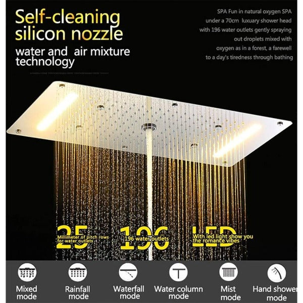 15"x28" LED Waterfall Luxurious Recessed 4 Types Rainfall Shower Head