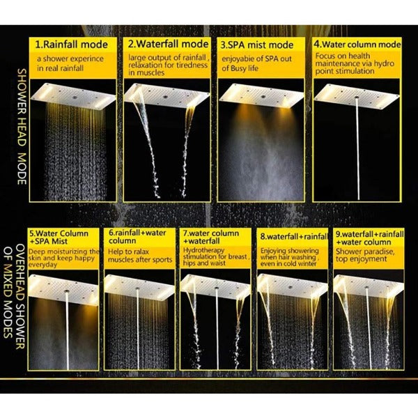 15"x28" LED Waterfall Luxurious Recessed 4 Types Rainfall Shower Head