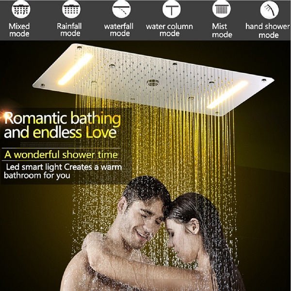 15"x28" LED Waterfall Luxurious Recessed 4 Types Rainfall Shower Head