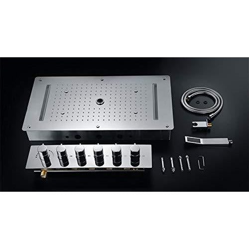 Cascada Luxurious Recessed 15" x 28" Large LED Shower System with 6 knob Thermostatic Valve, 5 Mode Functions (Rainfall, Waterfall, SPA Mist, Column & Handheld Shower) shower head with handheld rain LED 6 valve handle showerheads high pressure hand held system holder waterfall Rainfall SPA mist black matt fixture gold kit chrome oil rubbed bronze mixer modern ceiling mount 3 way thermostatic rectangle shower system