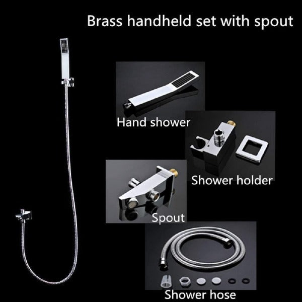 Cascada Luxurious Recessed 15" x 28" Large LED Shower System with 6 knob Thermostatic Valve, 5 Mode Functions (Rainfall, Waterfall, SPA Mist, Column & Handheld Shower) shower head with handheld rain LED 6 valve handle showerheads high pressure hand held system holder waterfall Rainfall SPA mist black matt fixture gold kit chrome oil rubbed bronze mixer modern ceiling mount 3 way thermostatic rectangle shower system