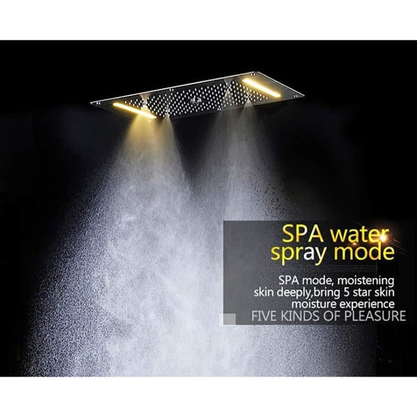 Cascada Luxurious Recessed 15" x 28" Large LED Shower System with 6 knob Thermostatic Valve, 5 Mode Functions (Rainfall, Waterfall, SPA Mist, Column & Handheld Shower) shower head with handheld rain LED 6 valve handle showerheads high pressure hand held system holder waterfall Rainfall SPA mist black matt fixture gold kit chrome oil rubbed bronze mixer modern ceiling mount 3 way thermostatic rectangle shower system