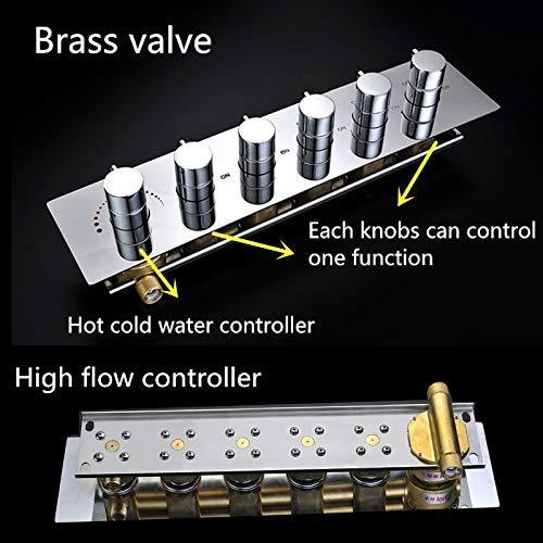 Cascada Luxurious Recessed 15" x 28" Large LED Shower System with 6 knob Thermostatic Valve, 5 Mode Functions (Rainfall, Waterfall, SPA Mist, Column & Handheld Shower) shower head with handheld rain LED 6 valve handle showerheads high pressure hand held system holder waterfall Rainfall SPA mist black matt fixture gold kit chrome oil rubbed bronze mixer modern ceiling mount 3 way thermostatic rectangle shower system