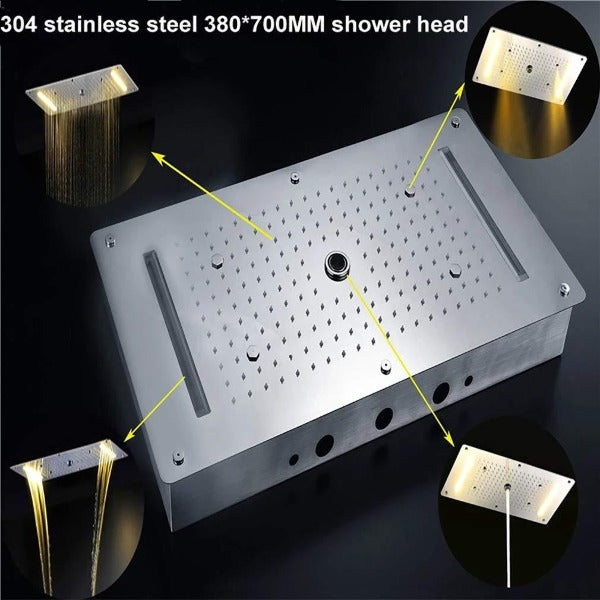Cascada Luxurious Recessed 15" x 28" Large LED Shower System with 6 knob Thermostatic Valve, 5 Mode Functions (Rainfall, Waterfall, SPA Mist, Column & Handheld Shower) shower head with handheld rain LED 6 valve handle showerheads high pressure hand held system holder waterfall Rainfall SPA mist black matt fixture gold kit chrome oil rubbed bronze mixer modern ceiling mount 3 way thermostatic rectangle shower system