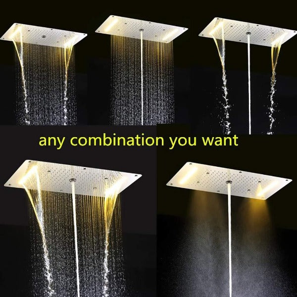 Cascada Luxurious Recessed 15" x 28" Large LED Shower System with 6 knob Thermostatic Valve, 5 Mode Functions (Rainfall, Waterfall, SPA Mist, Column & Handheld Shower) shower head with handheld rain LED 6 valve handle showerheads high pressure hand held system holder waterfall Rainfall SPA mist black matt fixture gold kit chrome oil rubbed bronze mixer modern ceiling mount 3 way thermostatic rectangle shower system