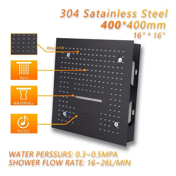 16” Square LED Music shower system - Cascada Showers