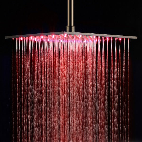 16" Stainless Steel Ceiling Mount Square Rainfall LED Shower Head - Cascada Showers