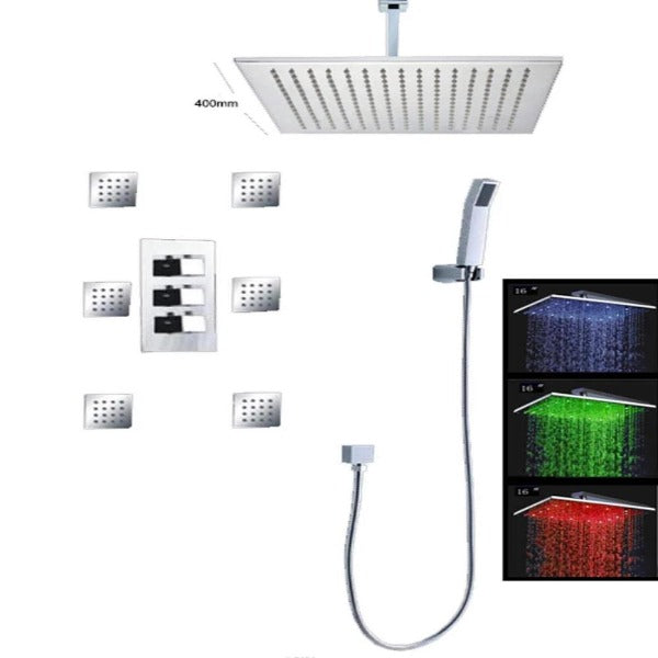 16" Thermostatic Rainfall Water Power LED Shower System Head Set - Cascada Showers