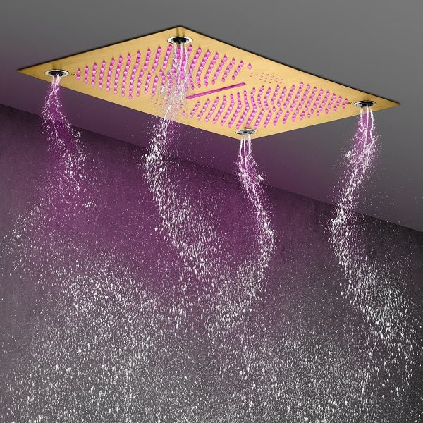 Cascada Luxury 16”x28” Music LED shower system with built-in Bluetooth Speakers, 5 functions (Rain, Waterfall, Mist Outlet, Body Jet & Hand Shower) & Remote Control 64 Color Lights cascada system LED bluetooth shower head speaker hot cold music rain rainfall musical lights showerhead body spray jet waterfall misty ceiling mounted handheld high pressure multicolor holder thermostatic chrome oil rubbed bronze mixer remote control