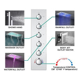 Cascada 16”x28” Music LED shower system with built-in Bluetooth Speakers, 5 functions (Rain, Waterfall, Mist Outlet, Body Jet & HandShower) & Remote Control 64 Color Lights (Polished Gold) cascada system LED bluetooth shower head speaker hot cold music rain rainfall musical lights showerhead body spray jet waterfall misty ceiling mounted handheld high pressure multicolor holder thermostatic chrome oil rubbed bronze mixer remote control