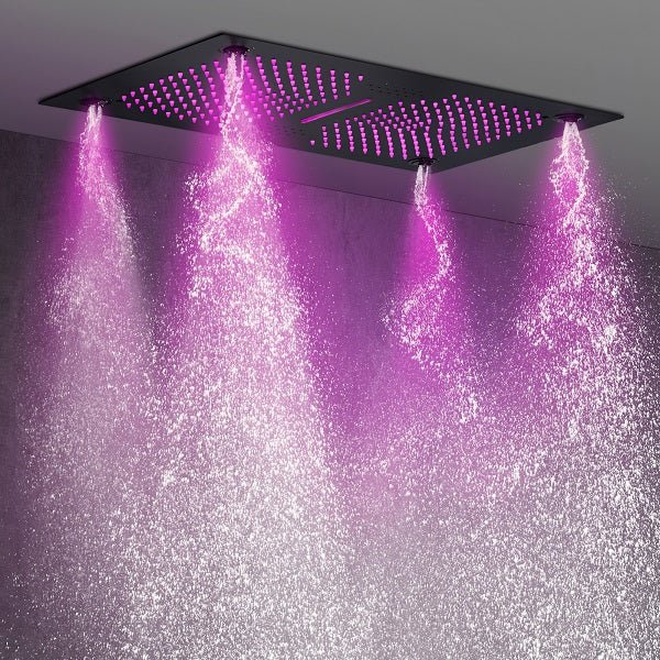 Cascada Luxury 16βx28β Music LED shower system with built-in Bluetooth Speakers, 5 functions (Rain, Waterfall, Mist Outlet, Body Jet & Hand Shower) & Remote Control 64 Color Lights cascada system LED bluetooth shower head speaker hot cold music rain rainfall musical lights showerhead body spray jet waterfall misty ceiling mounted handheld high pressure multicolor holder thermostatic chrome oil rubbed bronze mixer remote control