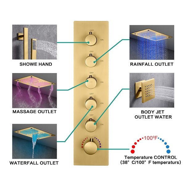 Cascada Luxury 16”x28” Music LED shower system with built-in Bluetooth Speakers, 5 functions (Rain, Waterfall, Mist Outlet, Body Jet & Hand Shower) & Remote Control 64 Color Lights cascada system LED bluetooth shower head speaker hot cold music rain rainfall musical lights showerhead body spray jet waterfall misty ceiling mounted handheld high pressure multicolor holder thermostatic chrome oil rubbed bronze mixer remote control