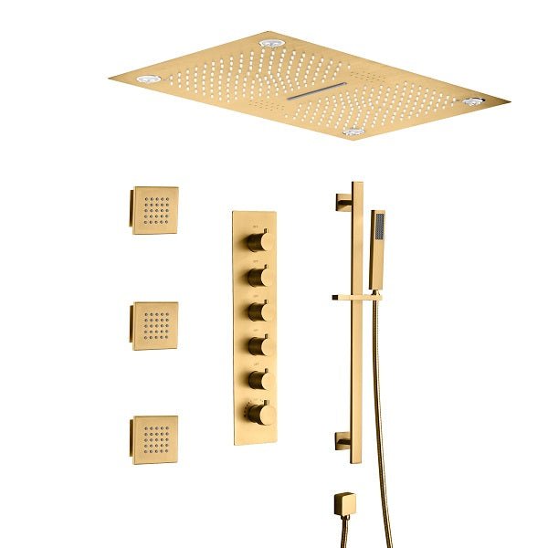 Cascada Luxury 16”x28” Music LED shower system with built-in Bluetooth Speakers, 5 functions (Rain, Waterfall, Mist Outlet, Body Jet & Hand Shower) & Remote Control 64 Color Lights cascada system LED bluetooth shower head speaker hot cold music rain rainfall musical lights showerhead body spray jet waterfall misty ceiling mounted handheld high pressure multicolor holder thermostatic chrome oil rubbed bronze mixer remote control
