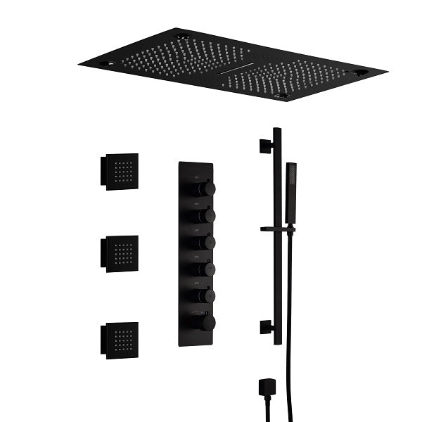 Cascada Luxury 16βx28β Music LED shower system with built-in Bluetooth Speakers, 5 functions (Rain, Waterfall, Mist Outlet, Body Jet & Hand Shower) & Remote Control 64 Color Lights cascada system LED bluetooth shower head speaker hot cold music rain rainfall musical lights showerhead body spray jet waterfall misty ceiling mounted handheld high pressure multicolor holder thermostatic chrome oil rubbed bronze mixer remote control