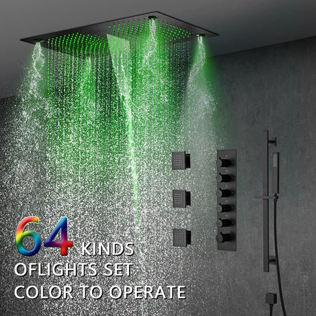 Cascada Luxury 16”x28” Music LED shower system with built-in Bluetooth Speakers, 5 functions (Rain, Waterfall, Mist Outlet, Body Jet & Hand Shower) & Remote Control 64 Color Lights cascada system LED bluetooth shower head speaker hot cold music rain rainfall musical lights showerhead body spray jet waterfall misty ceiling mounted handheld high pressure multicolor holder thermostatic chrome oil rubbed bronze mixer remote control