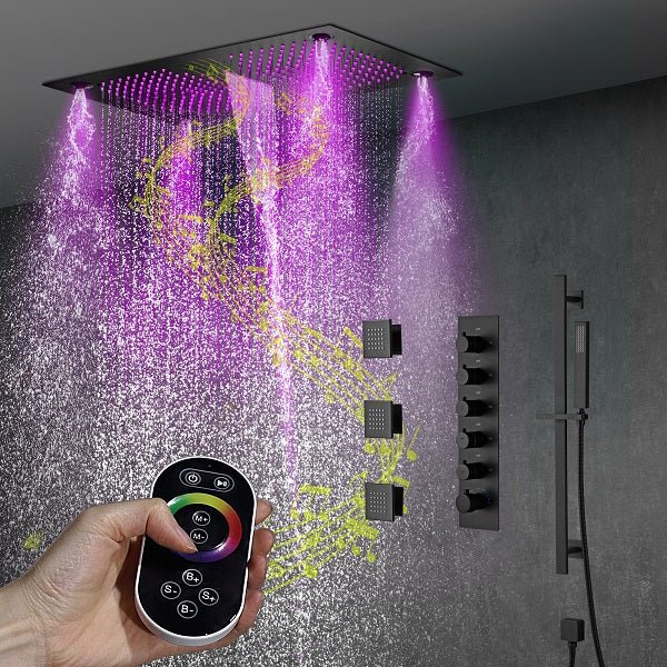 Cascada Luxury 16βx28β Music LED shower system with built-in Bluetooth Speakers, 5 functions (Rain, Waterfall, Mist Outlet, Body Jet & Hand Shower) & Remote Control 64 Color Lights cascada system LED bluetooth shower head speaker hot cold music rain rainfall musical lights showerhead body spray jet waterfall misty ceiling mounted handheld high pressure multicolor holder thermostatic chrome oil rubbed bronze mixer remote control