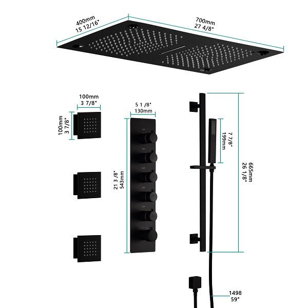 Cascada Luxury 16βx28β Music LED shower system with built-in Bluetooth Speakers, 5 functions (Rain, Waterfall, Mist Outlet, Body Jet & Hand Shower) & Remote Control 64 Color Lights cascada system LED bluetooth shower head speaker hot cold music rain rainfall musical lights showerhead body spray jet waterfall misty ceiling mounted handheld high pressure multicolor holder thermostatic chrome oil rubbed bronze mixer remote control