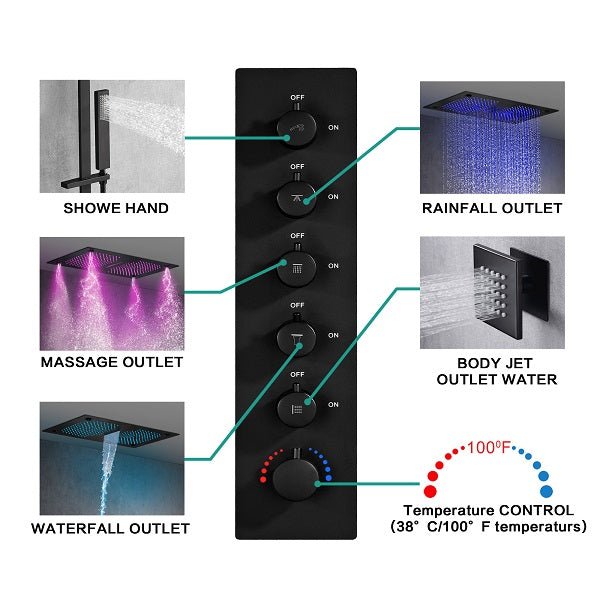 Cascada Luxury 16βx28β Music LED shower system with built-in Bluetooth Speakers, 5 functions (Rain, Waterfall, Mist Outlet, Body Jet & Hand Shower) & Remote Control 64 Color Lights cascada system LED bluetooth shower head speaker hot cold music rain rainfall musical lights showerhead body spray jet waterfall misty ceiling mounted handheld high pressure multicolor holder thermostatic chrome oil rubbed bronze mixer remote control