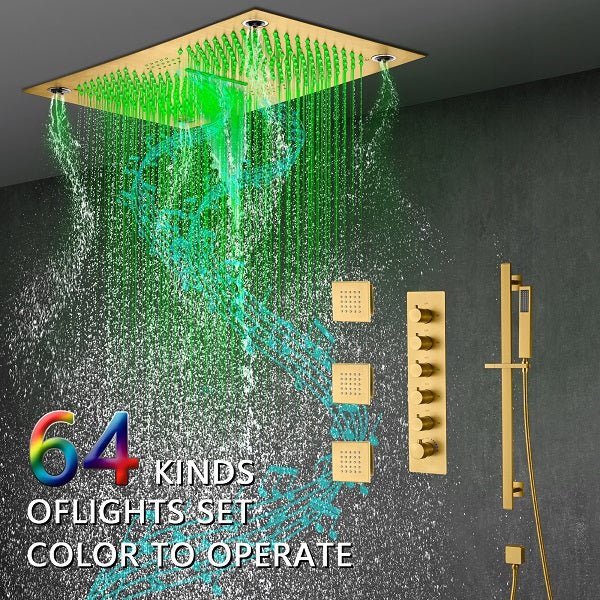 Cascada Luxury 16”x28” Music LED shower system with built-in Bluetooth Speakers, 5 functions (Rain, Waterfall, Mist Outlet, Body Jet & Hand Shower) & Remote Control 64 Color Lights cascada system LED bluetooth shower head speaker hot cold music rain rainfall musical lights showerhead body spray jet waterfall misty ceiling mounted handheld high pressure multicolor holder thermostatic chrome oil rubbed bronze mixer remote control