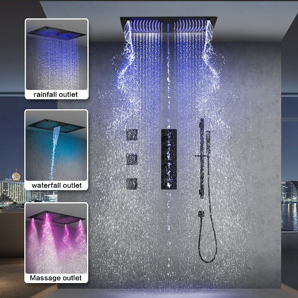 Cascada Luxury 16βx28β Music LED shower system with built-in Bluetooth Speakers, 5 functions (Rain, Waterfall, Mist Outlet, Body Jet & Hand Shower) & Remote Control 64 Color Lights cascada system LED bluetooth shower head speaker hot cold music rain rainfall musical lights showerhead body spray jet waterfall misty ceiling mounted handheld high pressure multicolor holder thermostatic chrome oil rubbed bronze mixer remote control