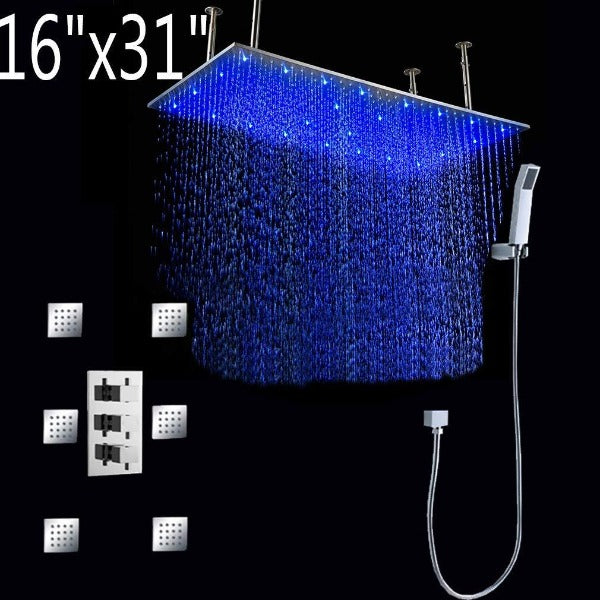 showerhead system rain head shower handheld set complete led bathroom waterfall heads light rainfall Thermostatic 6 Massage Jets Spray Body Shower Set for lights bathroom set Antique Brushed Brass Finish color change wall complete shower set bathroom