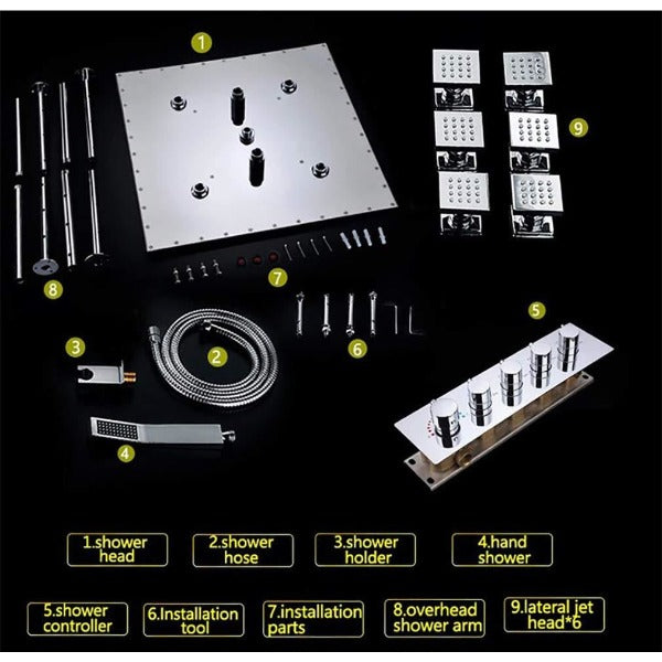 ceiling mounted rain shower head, ceiling mounted rain shower system, ceiling shower, ceiling mount rain shower head, celiling mounted shower system, rain shower head from ceiling, ceiling mounted rain shower head system, rain shower head ceiling mount, ceiling mounted shower system, and ceiling mount shower system. Cascada Luxury 20" Square Ceiling Mounted Thermostatic Shower System, SPA Misty, Rainfall, Hand shower, Side Spray Mode shower head, thermostatic shower, rain shower, rain shower faucet