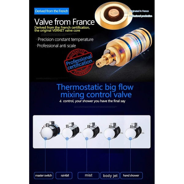 Cascada Luxury 20" Square Ceiling Mounted Thermostatic Shower System, 4 Rainfall Function With SPA Misty, Rainfall, Hand shower, Side Spray Mode shower head, thermostatic shower, rain shower, rain shower faucet, shower head sets for bathroom