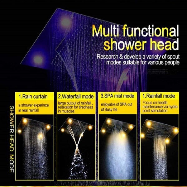 shower head with handheld rain Curtain LED multicolor built in Bluetooth speaker shower heads hand held system holder rainfall waterfall SPA mist matte black gold kit chrome oil rubbed bronze 6 knob valve mixer ceiling mount remote control app system