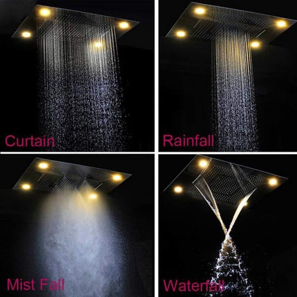 shower head with handheld rain Curtain LED multicolor built in Bluetooth speaker shower heads hand held system holder rainfall waterfall SPA mist matte black gold kit chrome oil rubbed bronze 6 knob valve mixer ceiling mount remote control app system