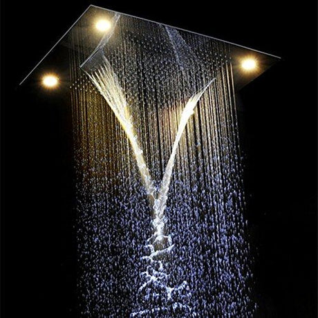 shower head with handheld rain Curtain LED multicolor built in Bluetooth speaker shower heads hand held system holder rainfall waterfall SPA mist matte black gold kit chrome oil rubbed bronze 6 knob valve mixer ceiling mount remote control app system