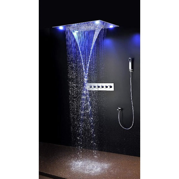 Cascada Classic Design 23"x31" Large shower Set with Waterfall LED rectangle recessed 4 function shower head, massaging body jets & handheld, remote control, Stainless Steel showerhead system rain head shower handheld set complete led bathroom waterfall heads light rainfall Thermostatic 6 knob Shower Set for lights bathroom set Antique Brushed Brass Finish color change ceiling mount Rainfall waterfall  Rain Curtain SPA Misting complete shower set bathroom rainfall shower head with handheld