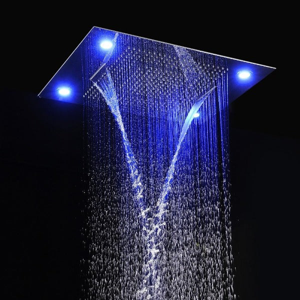 waterfall led shower head with handheld rain Curtain LED multicolor built in Bluetooth speaker shower heads hand held system holder rainfall waterfall SPA mist matte black gold kit chrome oil rubbed bronze 6 knob valve mixer ceiling mount remote control app system