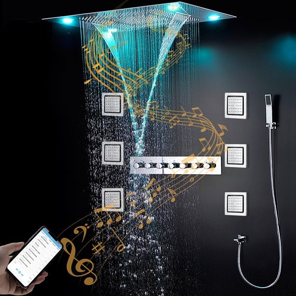 23"x31" Luxurious Classic Design recessed LED shower system built in Bluetooth speakers - Cascada Showers