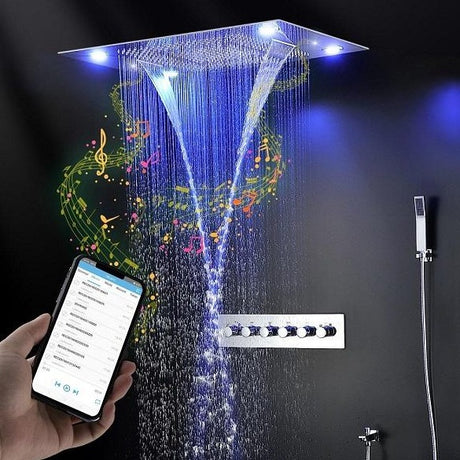 shower head with handheld rain Curtain LED multicolor built in Bluetooth speaker shower heads hand held system holder rainfall waterfall SPA mist matte black gold kit chrome oil rubbed bronze 6 knob valve mixer ceiling mount remote control app system