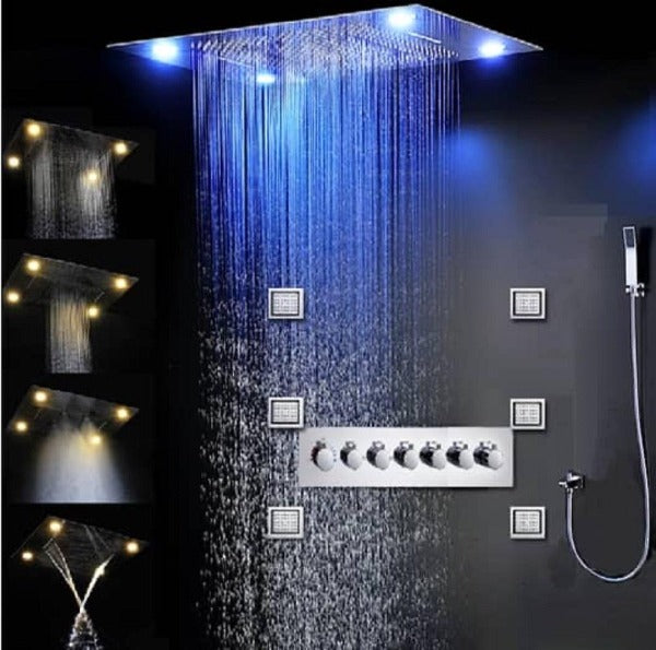 shower head, thermostatic shower, rain shower, rain shower faucet, shower head sets for bathroom Cascada Luxurious Design 23"x31" LED Shower System, 6 Functions (Rainfall, Waterfall, Curtain, Misty, Body Jets & Handheld) & Remote App for lights