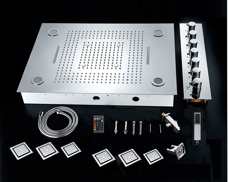23"x31" Luxurious Classic Design recessed waterfall & rainfall LED shower system – 7 mode - Cascada Showers Cascada Luxurious Design 23"x31" LED Shower System, 6 Functions (Rainfall, Waterfall, Curtain, Misty, Body Jets & Handheld) & Remote App for lights