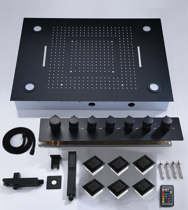 shower head, thermostatic shower, rain shower, rain shower faucet, shower head sets for bathroom Cascada Luxurious Design 23"x31" LED Shower System, 6 Functions (Rainfall, Waterfall, Curtain, Misty, Body Jets & Handheld) & Remote App for lights