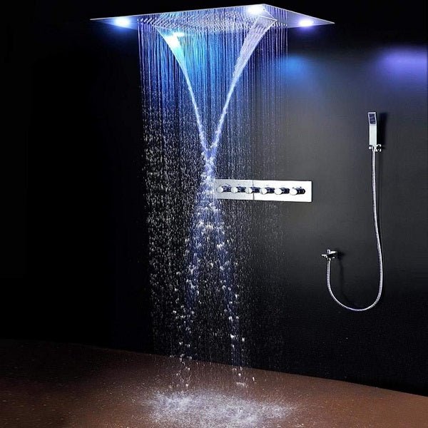 Cascada Luxurious Design 23”x31” Recessed LED shower system with built-in Bluetooth Speakers, 4 functions (Waterfall +Rainfall +Rain Curtain +SPA Mist) & Remote Control LED Lights shower head with handheld rain Curtain LED multicolor built in Bluetooth speaker shower heads hand held system holder rainfall waterfall SPA mist matte black gold kit chrome oil rubbed bronze 6 knob valve mixer ceiling mount remote control app system