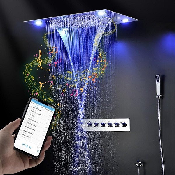 Cascada Luxurious Design 23”x31” Recessed LED shower system with built-in Bluetooth Speakers, 4 functions (Waterfall +Rainfall +Rain Curtain +SPA Mist) & Remote Control LED Lights shower head with handheld rain Curtain LED multicolor built in Bluetooth speaker shower heads hand held system holder rainfall waterfall SPA mist matte black gold kit chrome oil rubbed bronze 6 knob valve mixer ceiling mount remote control app system