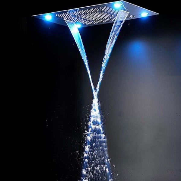 Cascada Luxurious Design 23”x31” Recessed LED shower system with built-in Bluetooth Speakers, 4 functions (Waterfall +Rainfall +Rain Curtain +SPA Mist) & Remote Control LED Lights shower head with handheld rain Curtain LED multicolor built in Bluetooth speaker shower heads hand held system holder rainfall waterfall SPA mist matte black gold kit chrome oil rubbed bronze 6 knob valve mixer ceiling mount remote control app system