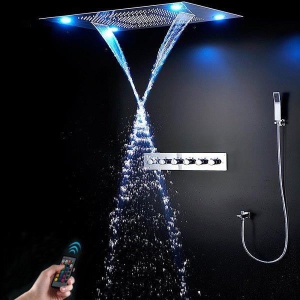 Cascada Luxurious Design 23”x31” Recessed LED shower system with built-in Bluetooth Speakers, 4 functions (Waterfall +Rainfall +Rain Curtain +SPA Mist) & Remote Control LED Lights shower head with handheld rain Curtain LED multicolor built in Bluetooth speaker shower heads hand held system holder rainfall waterfall SPA mist matte black gold kit chrome oil rubbed bronze 6 knob valve mixer ceiling mount remote control app system