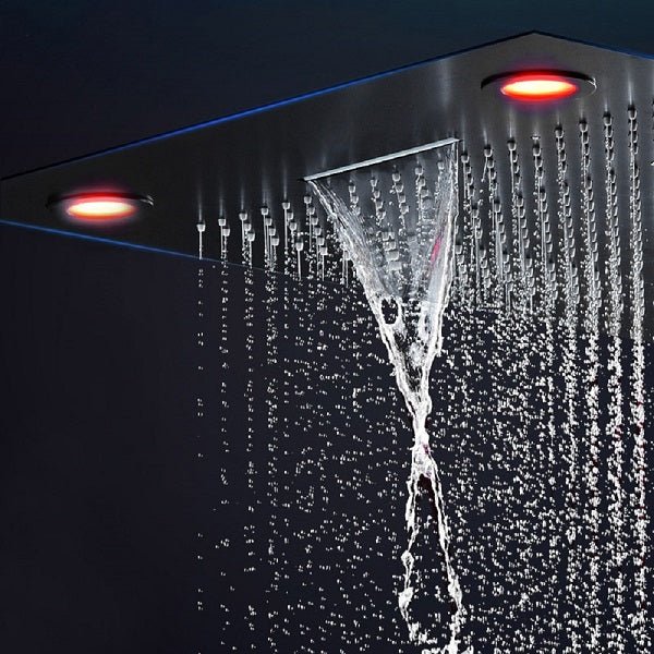 waterfall shower head, waterfall shower heads, shower head waterfall, shower head with waterfall, water fall shower head, shower waterfall head, waterfall rain shower head, waterfall bluetooth speaker, waterfall shower head, shower head water fall. Cascada Classic 23”x31” large recessed Waterfall rain shower head w/4 modes (Rain+ Curtain + Waterfall + Mix), Built-in Bluetooth Speaker, & remote control for LED light shower head with 4 modes function rain Curtain rainfall waterfall.