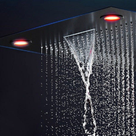 waterfall shower head, waterfall shower heads, shower head waterfall, shower head with waterfall, water fall shower head, shower waterfall head, waterfall rain shower head, waterfall bluetooth speaker, waterfall shower head, shower head water fall. Cascada Classic 23”x31” large recessed Waterfall rain shower head w/4 modes (Rain+ Curtain + Waterfall + Mix), Built-in Bluetooth Speaker, & remote control for LED light shower head with 4 modes function rain Curtain rainfall waterfall.