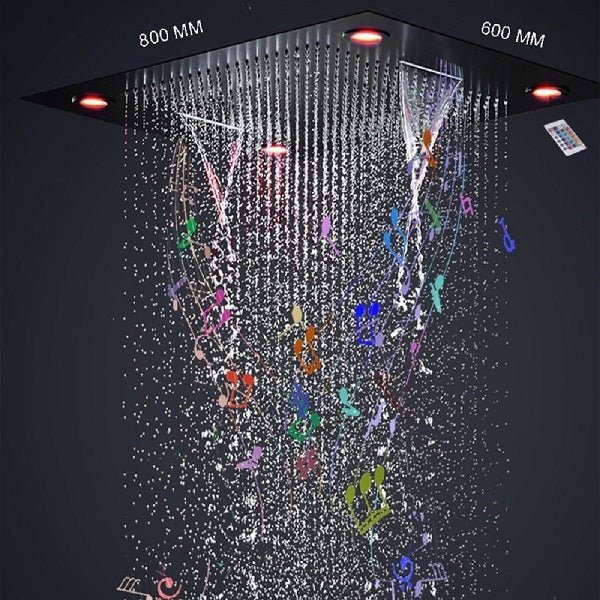 waterfall shower head, waterfall shower heads, shower head waterfall, shower head with waterfall, water fall shower head, shower waterfall head, waterfall rain shower head, waterfall bluetooth speaker, waterfall shower head, shower head water fall. Cascada Classic 23”x31” large recessed Waterfall rain shower head w/4 modes (Rain+ Curtain + Waterfall + Mix), Built-in Bluetooth Speaker, & remote control for LED light shower head with 4 modes function rain Curtain rainfall waterfall.